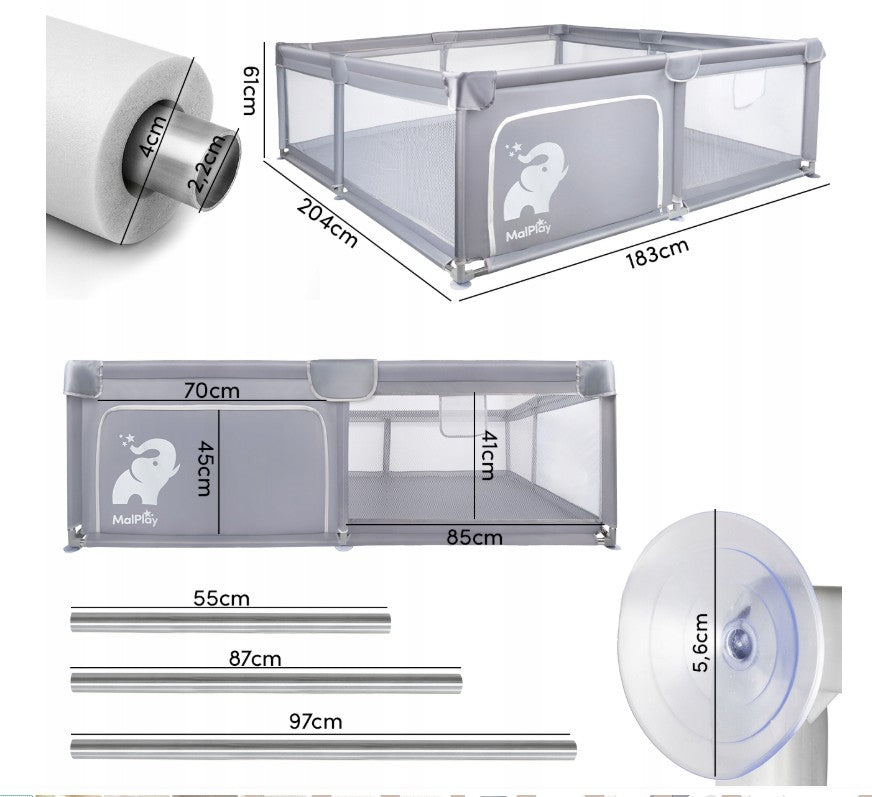 MalPlay-KIVO-babybox - kinderbox – 180x200 cm – voor binnen en buiten – grijs/wit – ademend gaas