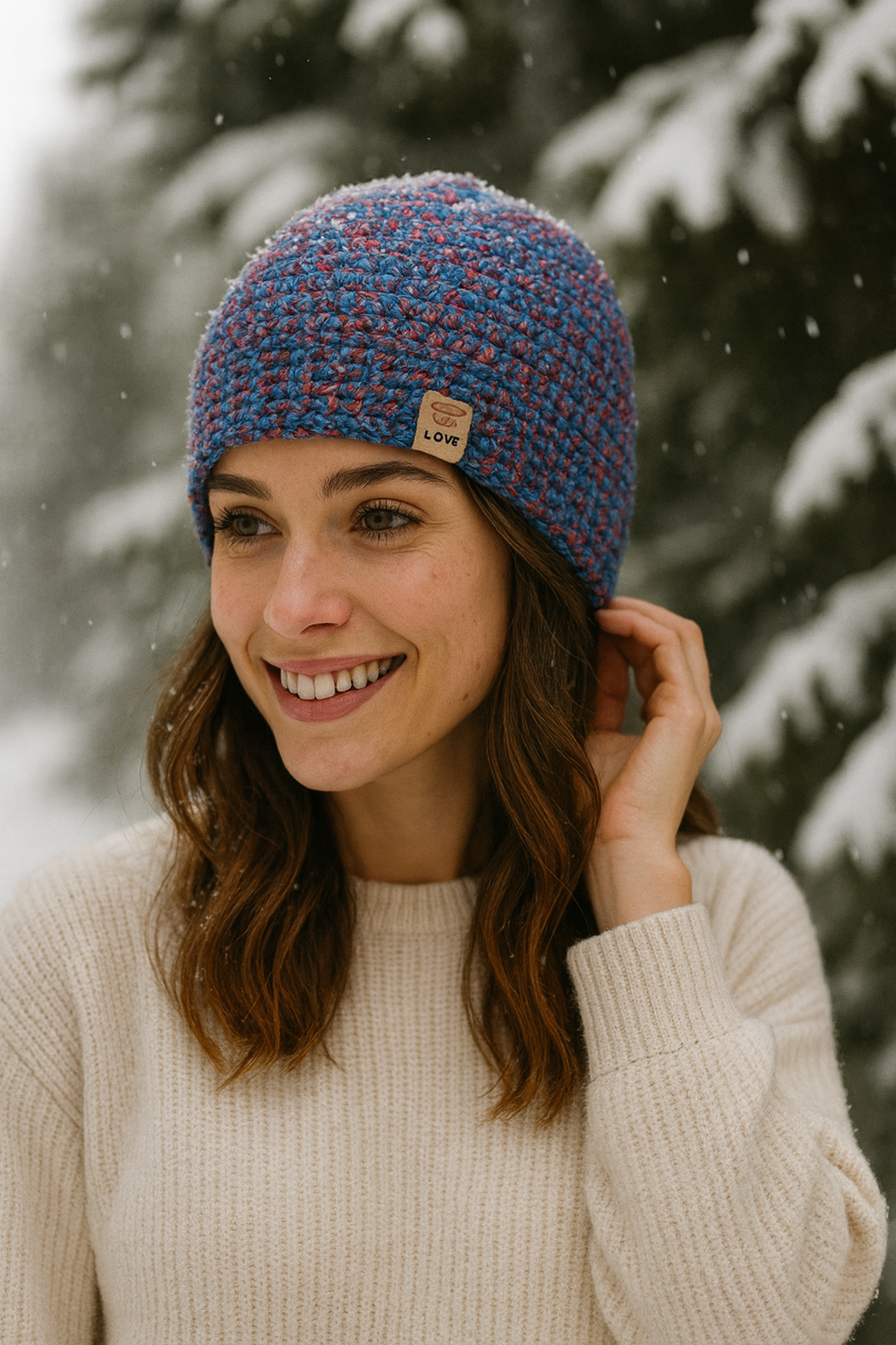 Handgehaakte muts - blauw gemêleerd