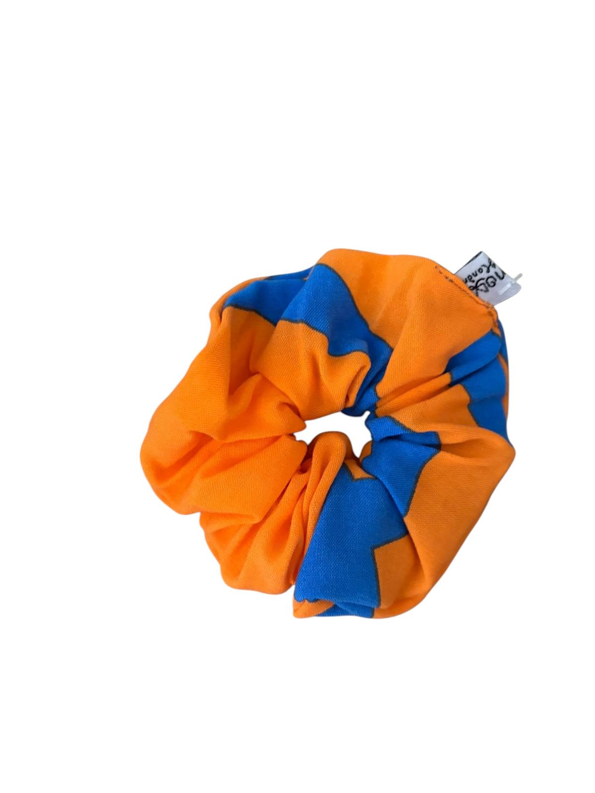 Scrunchie tie oranje en blauw HANDGEMAAKT
