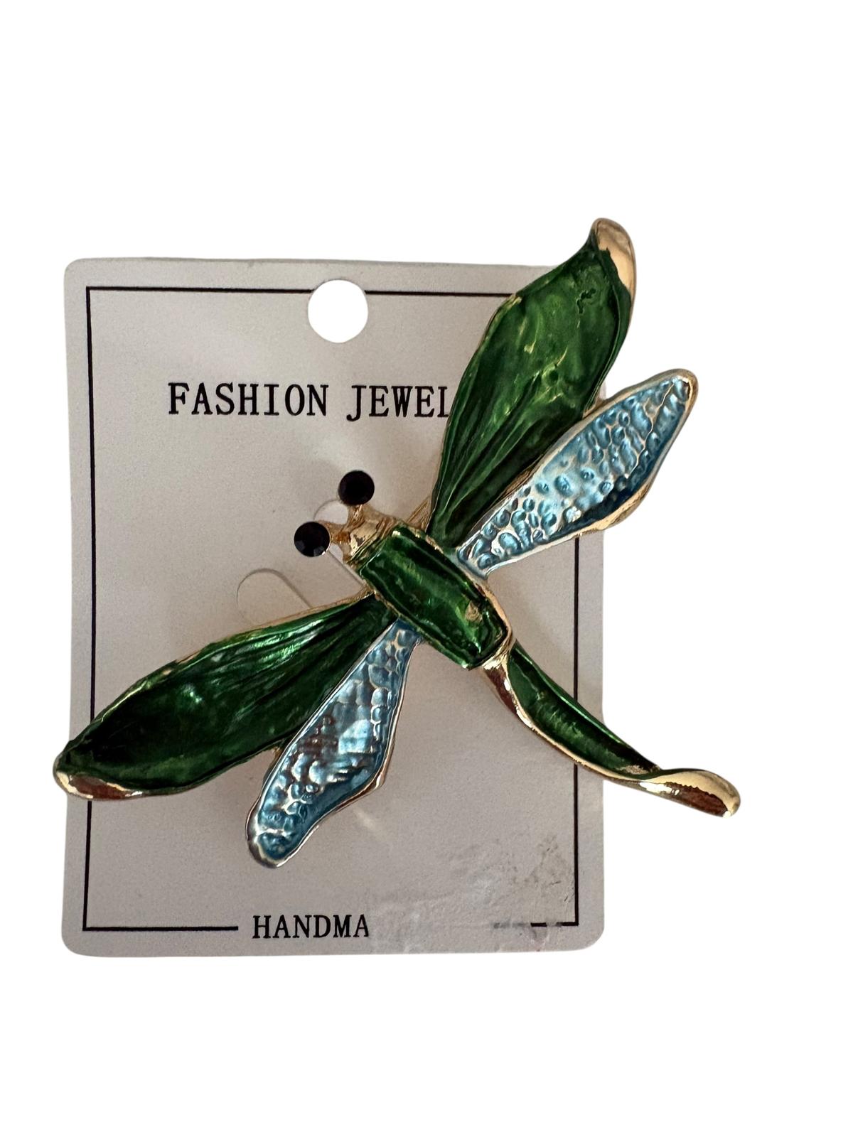 Green and blue dragonfly brooch with gold-colored details