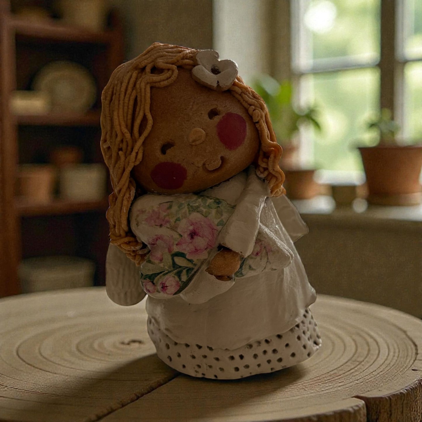 Angel with heart-Standing-Salt dough-Handmade-Decoration