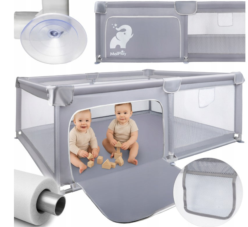 MalPlay-KIVO-babybox - kinderbox – 120x180 cm – voor binnen en buiten – grijs/wit – ademend gaas