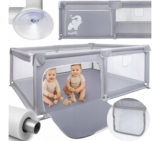 MalPlay-KIVO-babybox - kinderbox – 120x180 cm – voor binnen en buiten – grijs/wit – ademend gaas