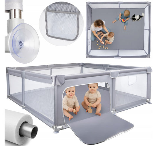 MalPlay-KIVO-babybox - kinderbox – 180x200 cm – voor binnen en buiten – grijs/wit – ademend gaas