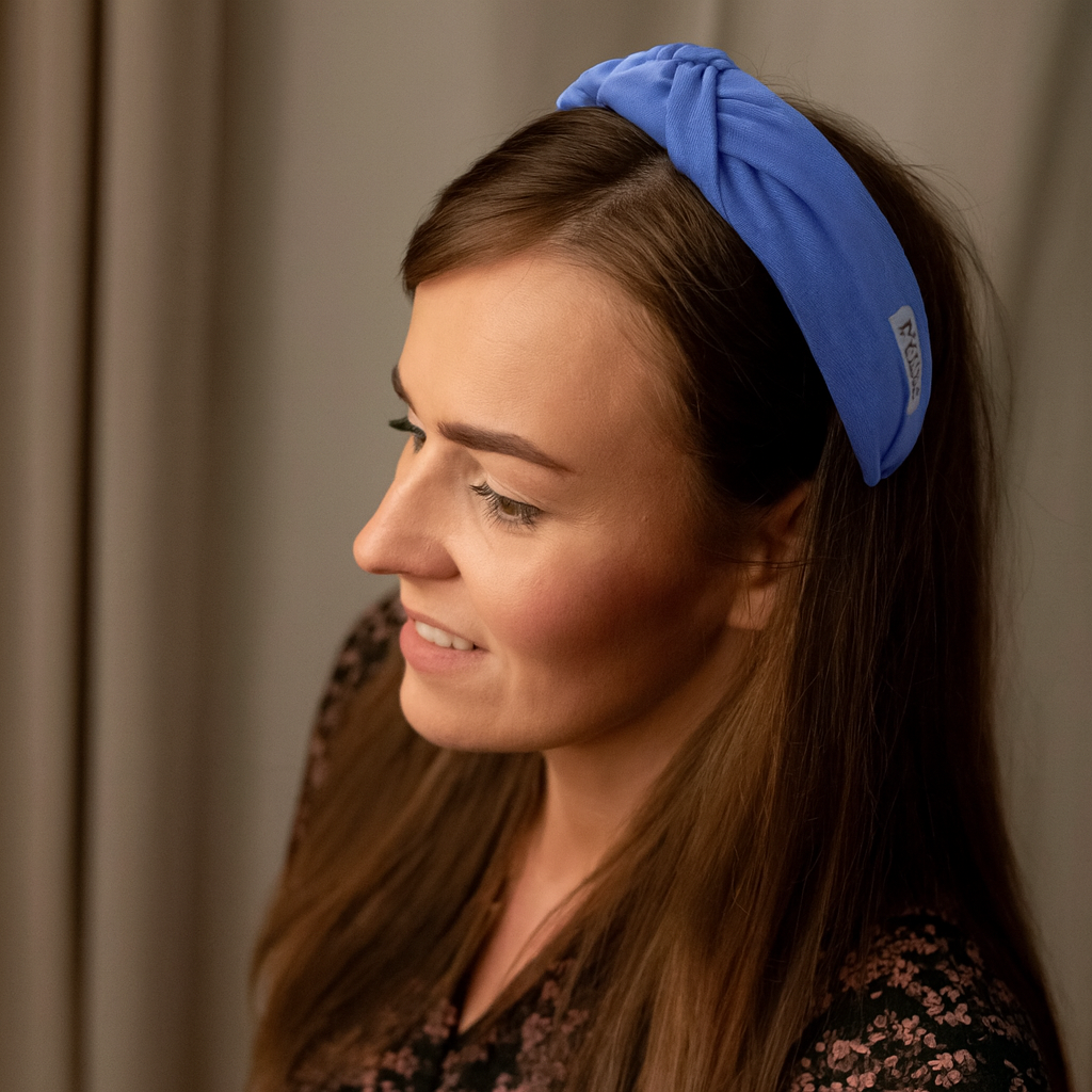 Blauwe linnen hoofdband met ruches HANDGEMAAKT