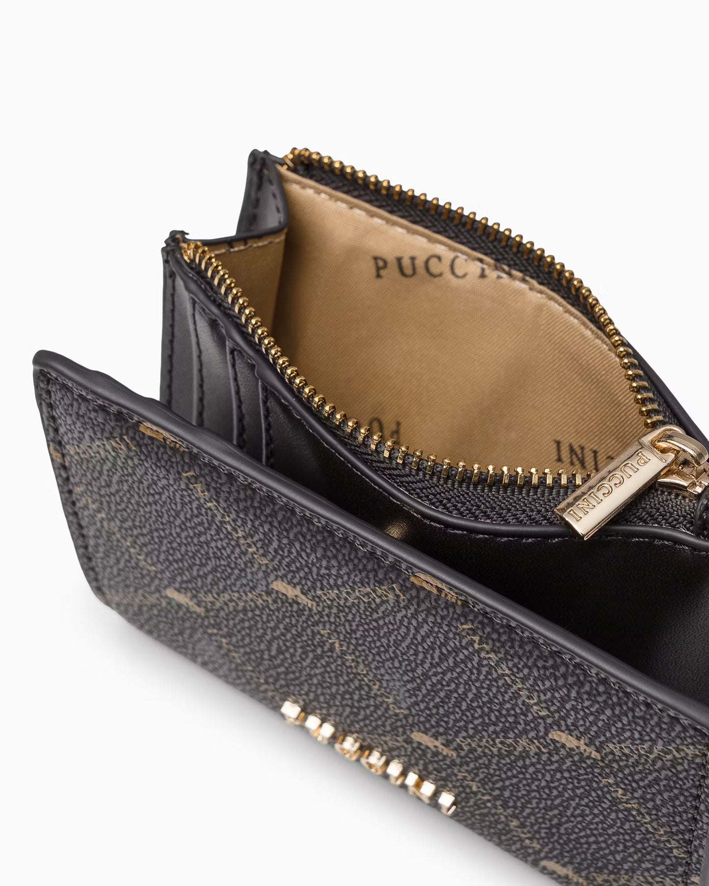 Mały damski portfel Puccini z monogramem, brązowy