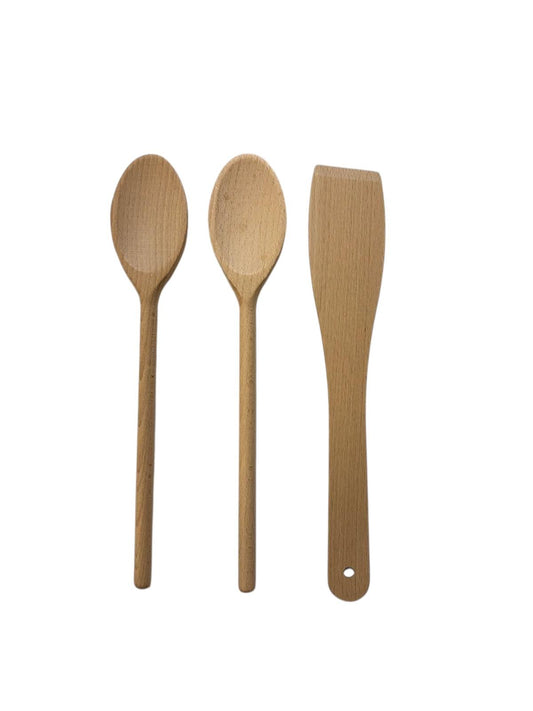 Wooden spoons and spatula - ladle - cooking spoon - baking spatula - baking spatula - set of 2 spoons and 1 spatula - 30 cm - beech wood