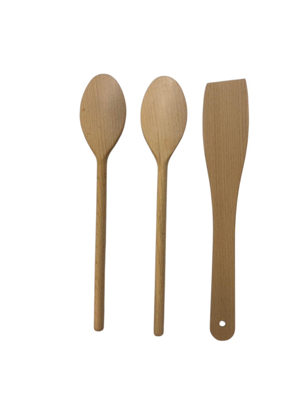 Wooden spoons and spatula - ladle - cooking spoon - baking spatula - baking spatula - set of 2 spoons and 1 spatula - 30 cm - beech wood