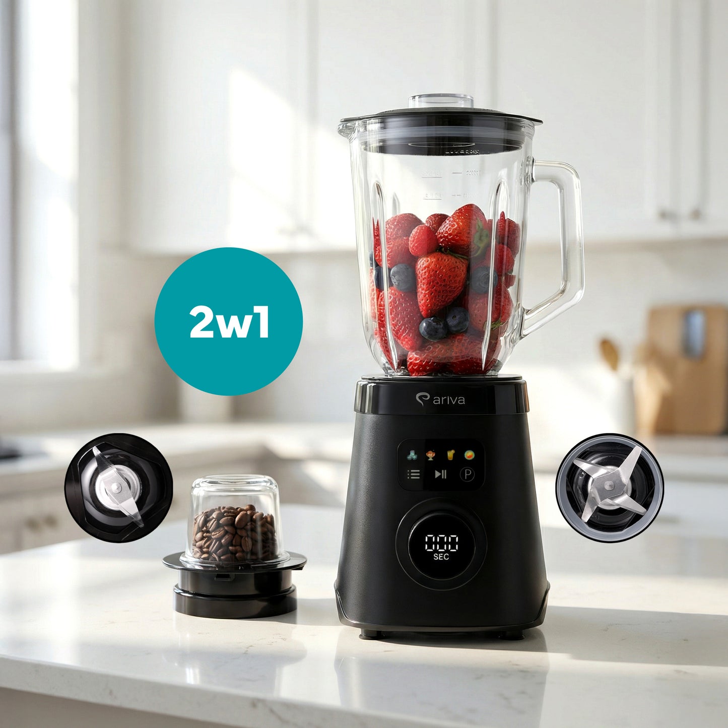 ARIVA-Blender-1500W-1.5L-2-in-1-250G Herb Grinder-Also for Coffee Beans-Auto Clean-Stainless Steel