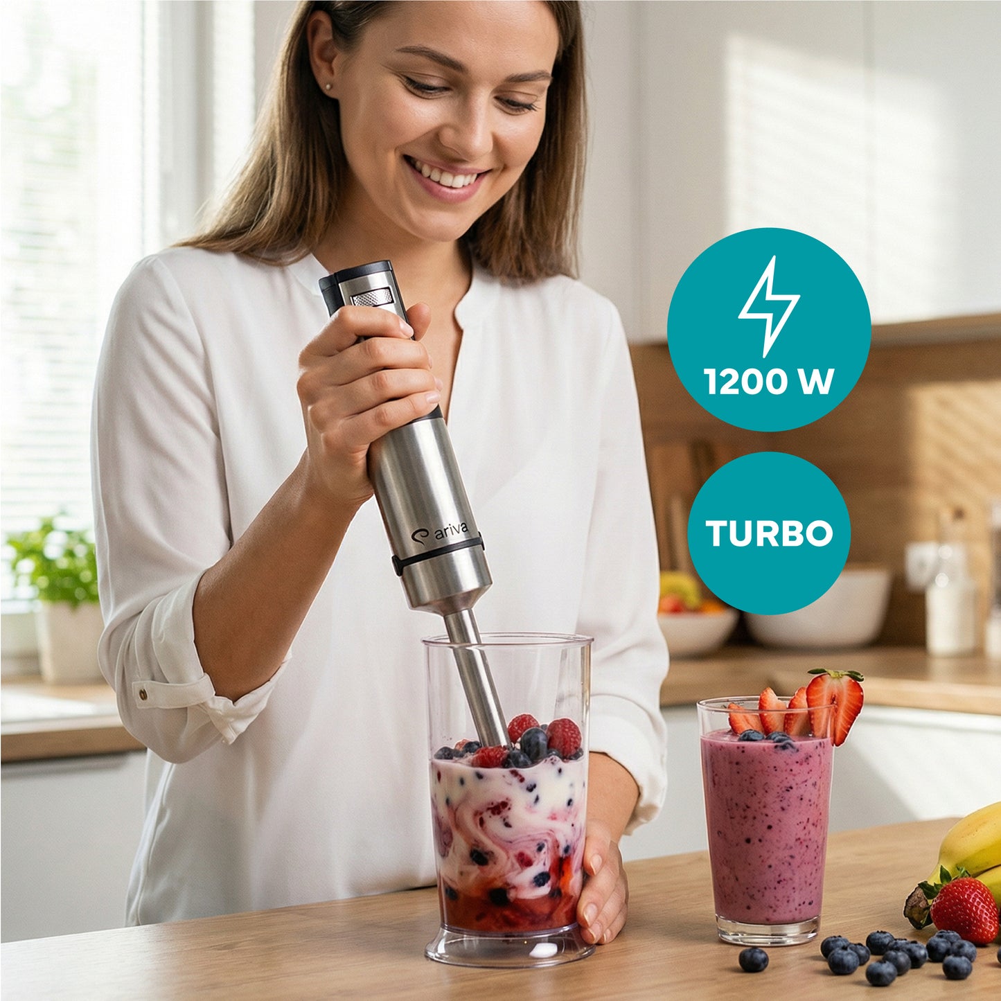 ARIVA-Blender-1500W-1.5L-2-in-1-250G Herb Grinder-Also for Coffee Beans-Auto Clean-Stainless Steel