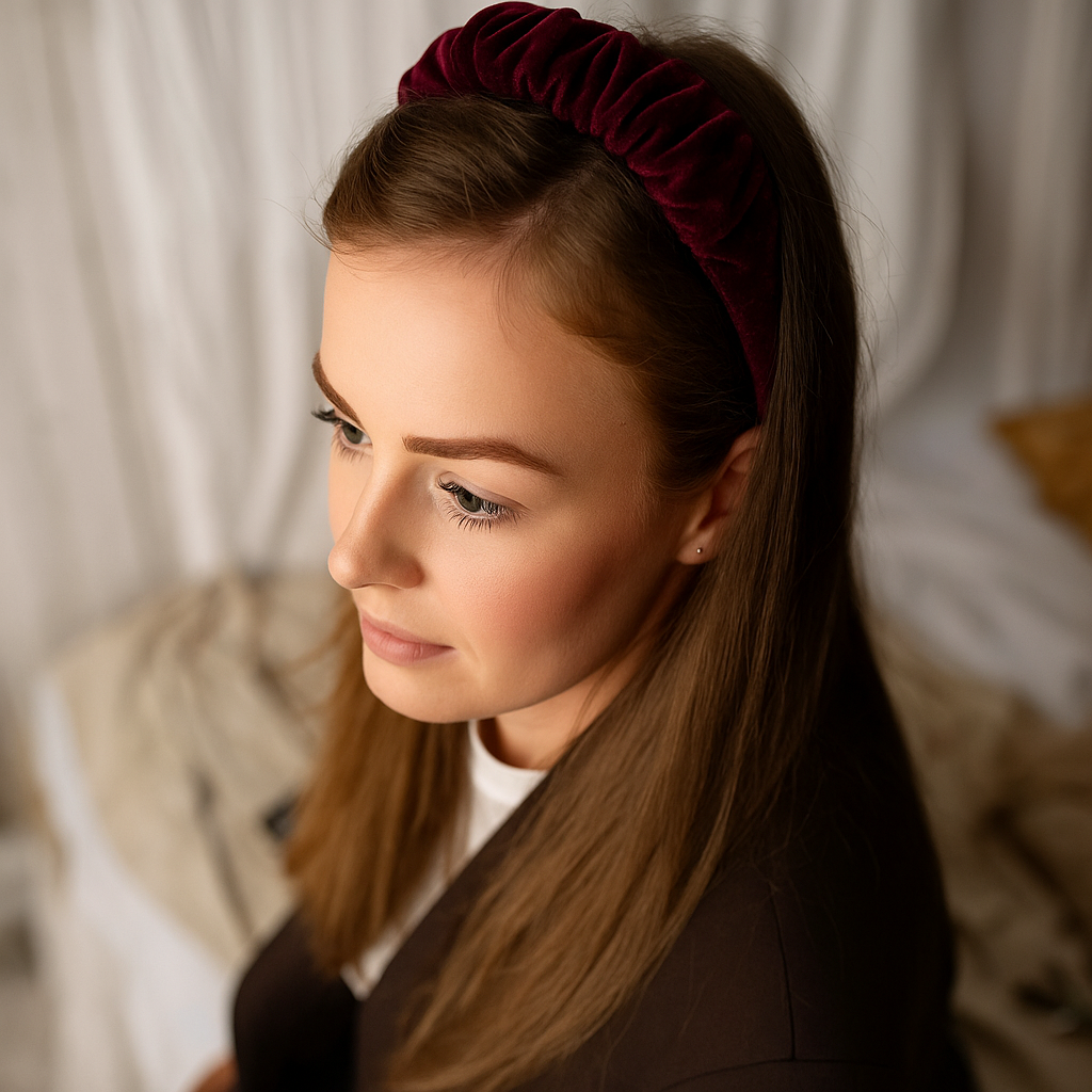 Donkerrode fluwelen hoofdband met ruches HANDGEMAAKT