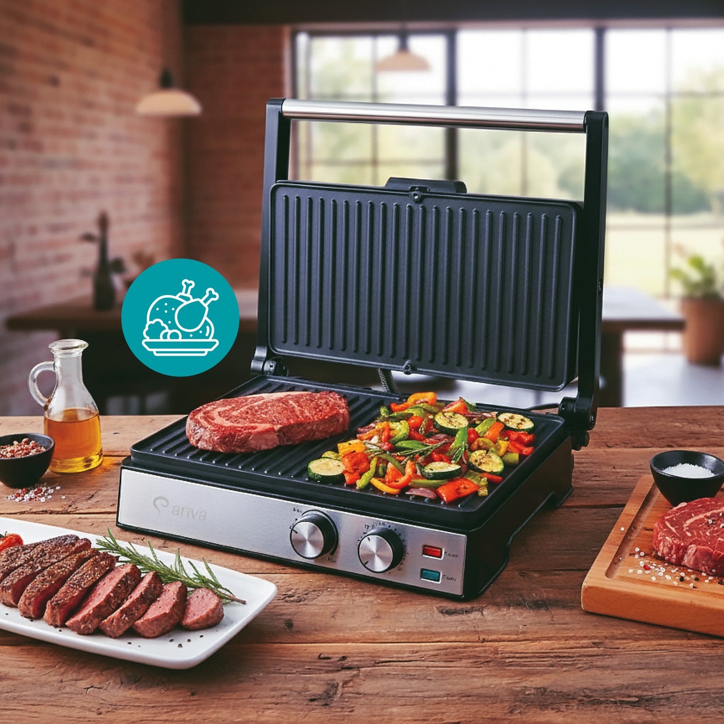ARIVA-Grill-29x24cm-2 in 1-contact grill-tafel grill-tosti apparaat-Keramische anti-aanbaklaag-Timer-2000W