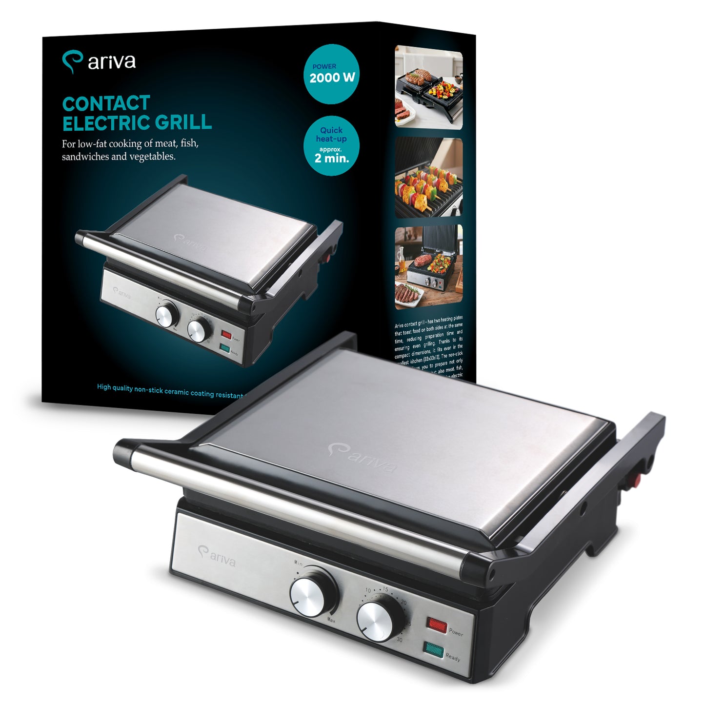 ARIVA-Grill-29x24cm-2 in 1-contact grill-tafel grill-tosti apparaat-Keramische anti-aanbaklaag-Timer-2000W
