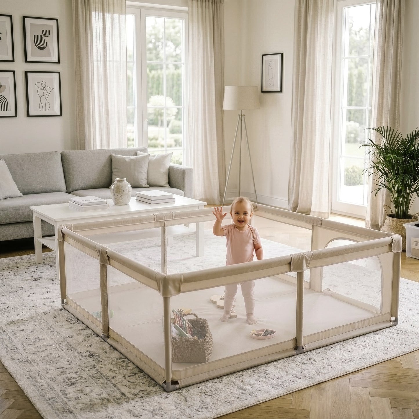 Kidwell-FANKO-babybox-kinderbox–130x130cm–voor binnen en buiten-beige-ademend gaas-EN71-gecertificeerd-6 tot 36 maanden