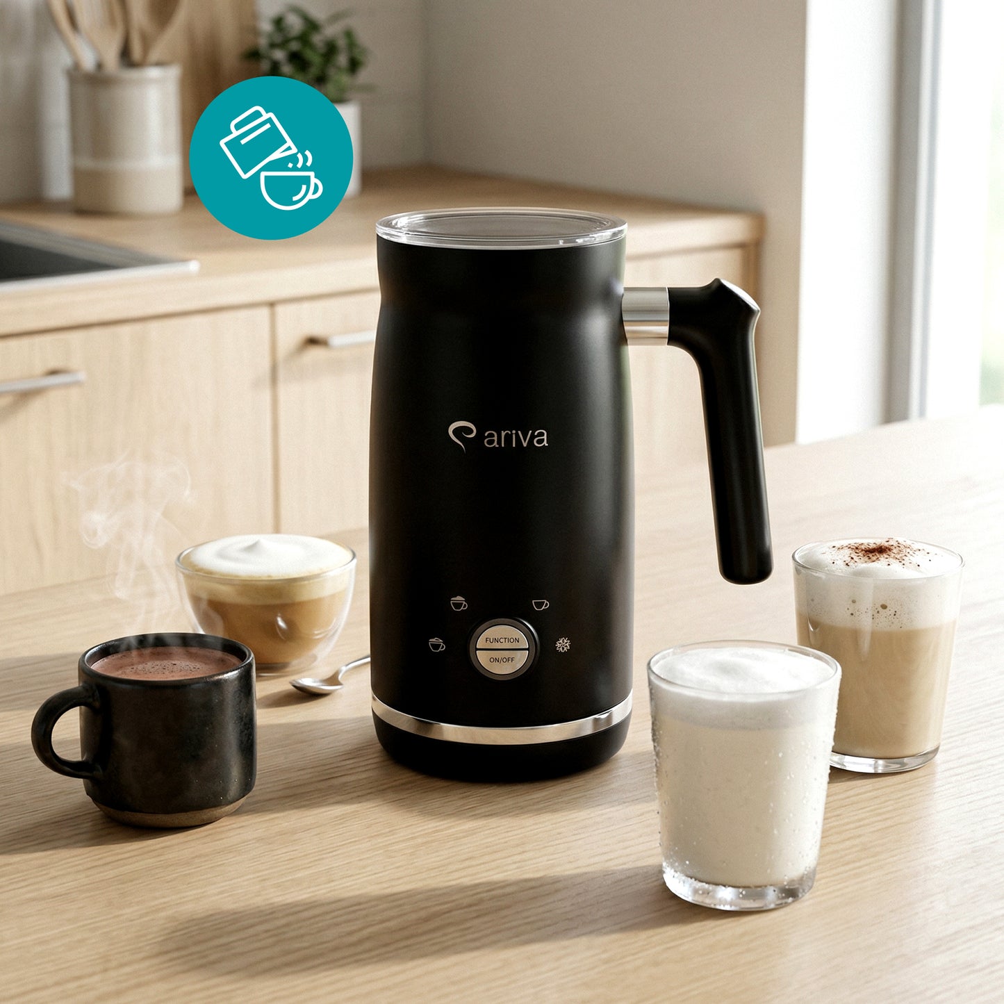 ARIVA-4 in 1-Electric milk frother-Froth for cappuccino, latte, and frappe, hot chocolate in 1 minute