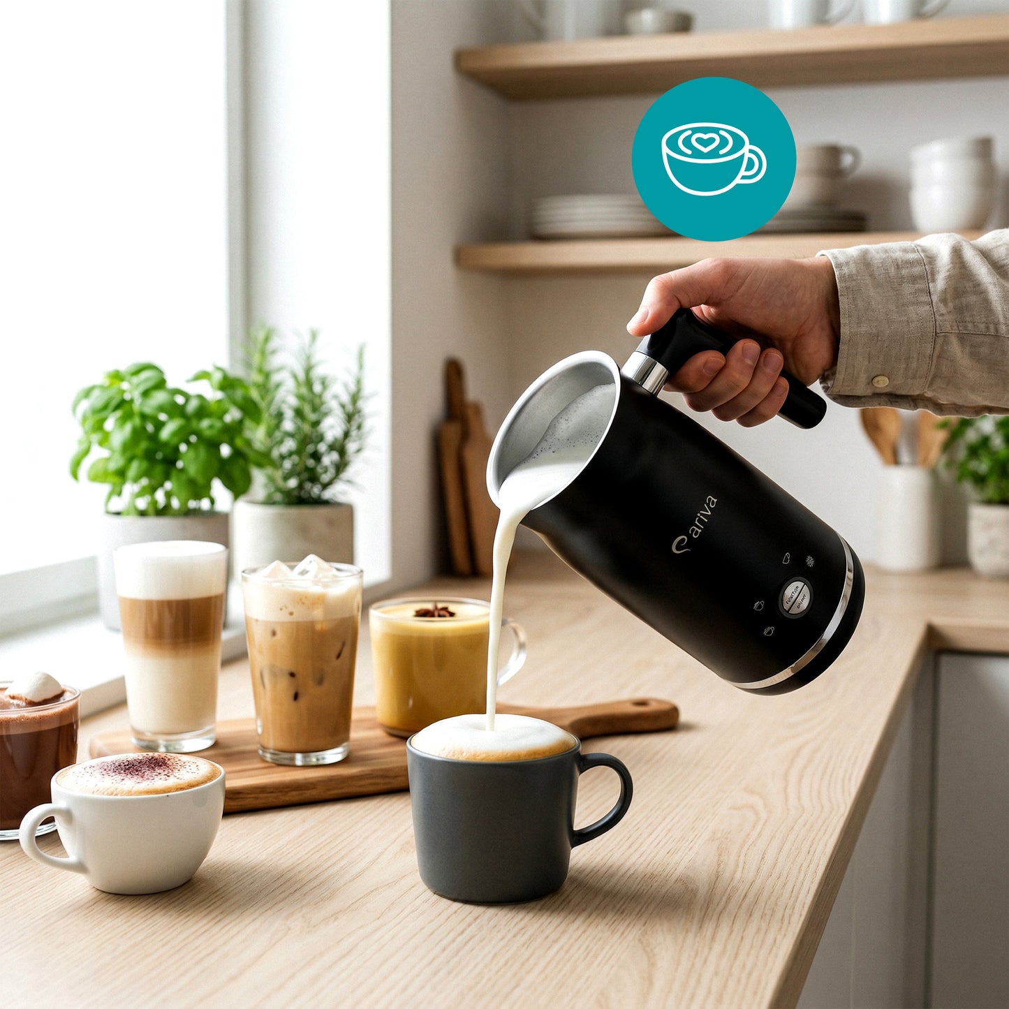 ARIVA-4 in 1-Electric milk frother-Froth for cappuccino, latte, and frappe, hot chocolate in 1 minute