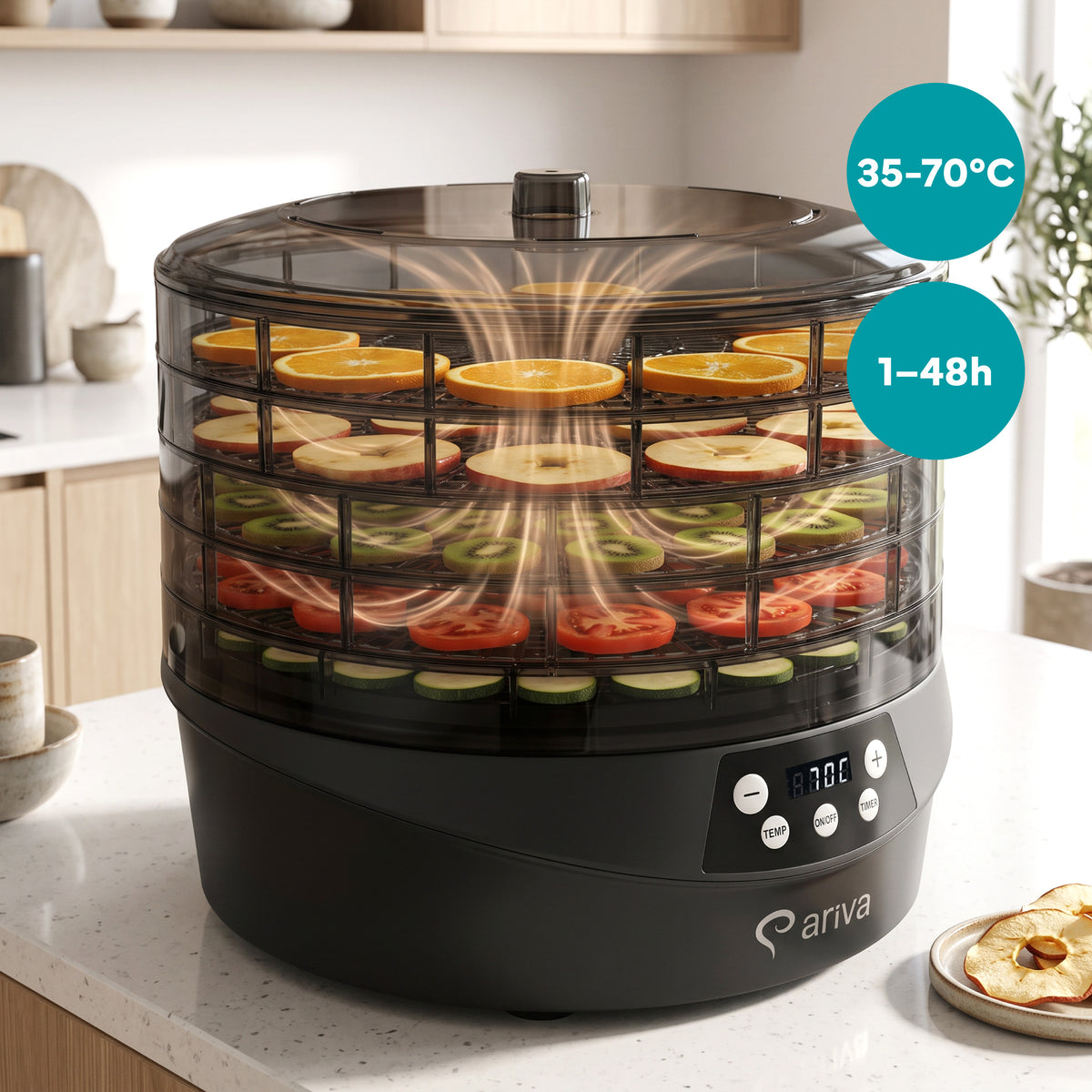 ARIVA-Voedseldroger-500W-5 Etages-BPA vrij-35 tot 70°C-Timer