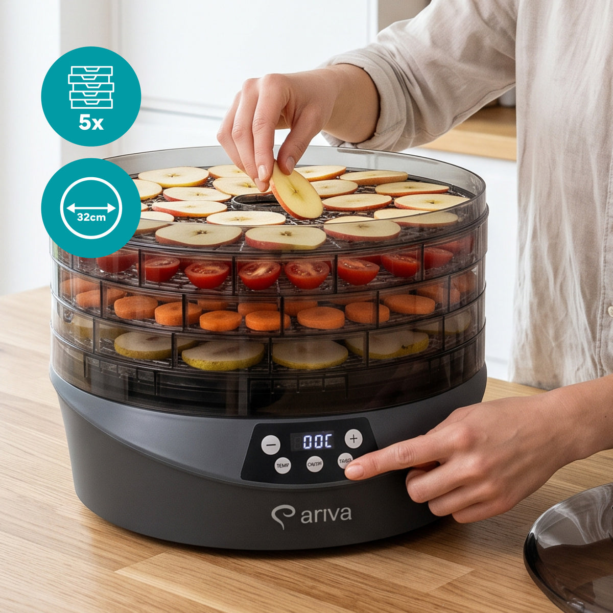 ARIVA-Voedseldroger-500W-5 Etages-BPA vrij-35 tot 70°C-Timer