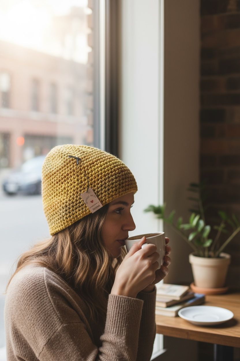 Handgehaakte muts - geel gemêleerd
