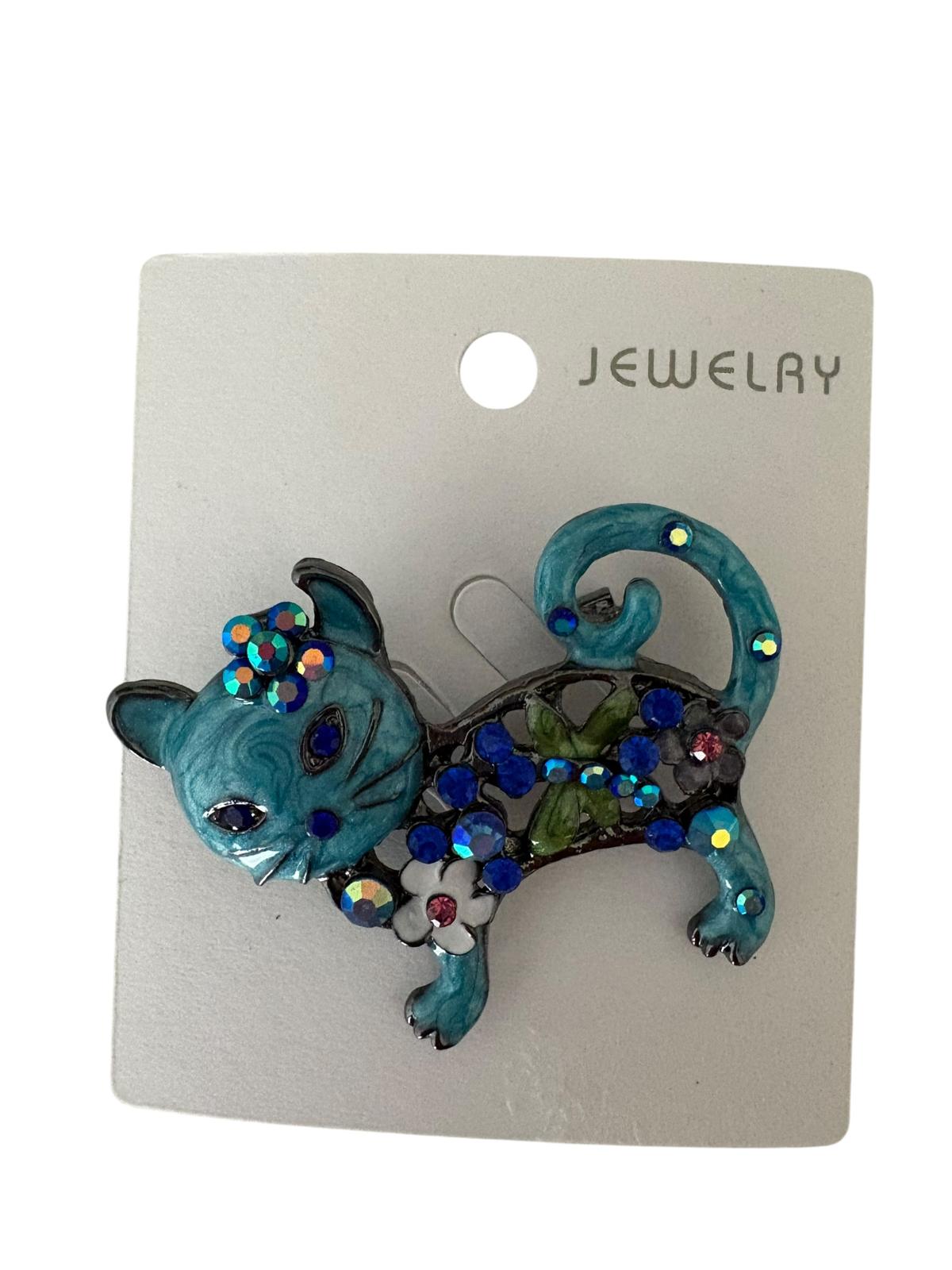Blue cat brooch with crystals and floral details