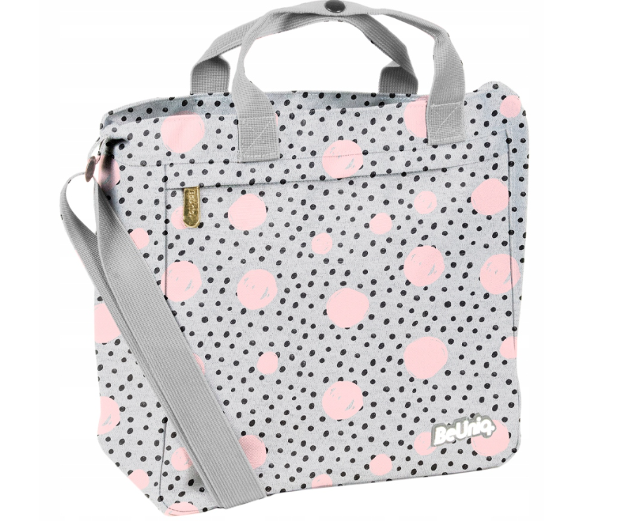 Torba na ramię BeUniq - 32x30x13 cm - szara w różowe i czarne kropki