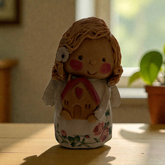 Anioł z Domkiem Stojącym z Ciasta Solnego - Ręcznie Robiona Dekoracja