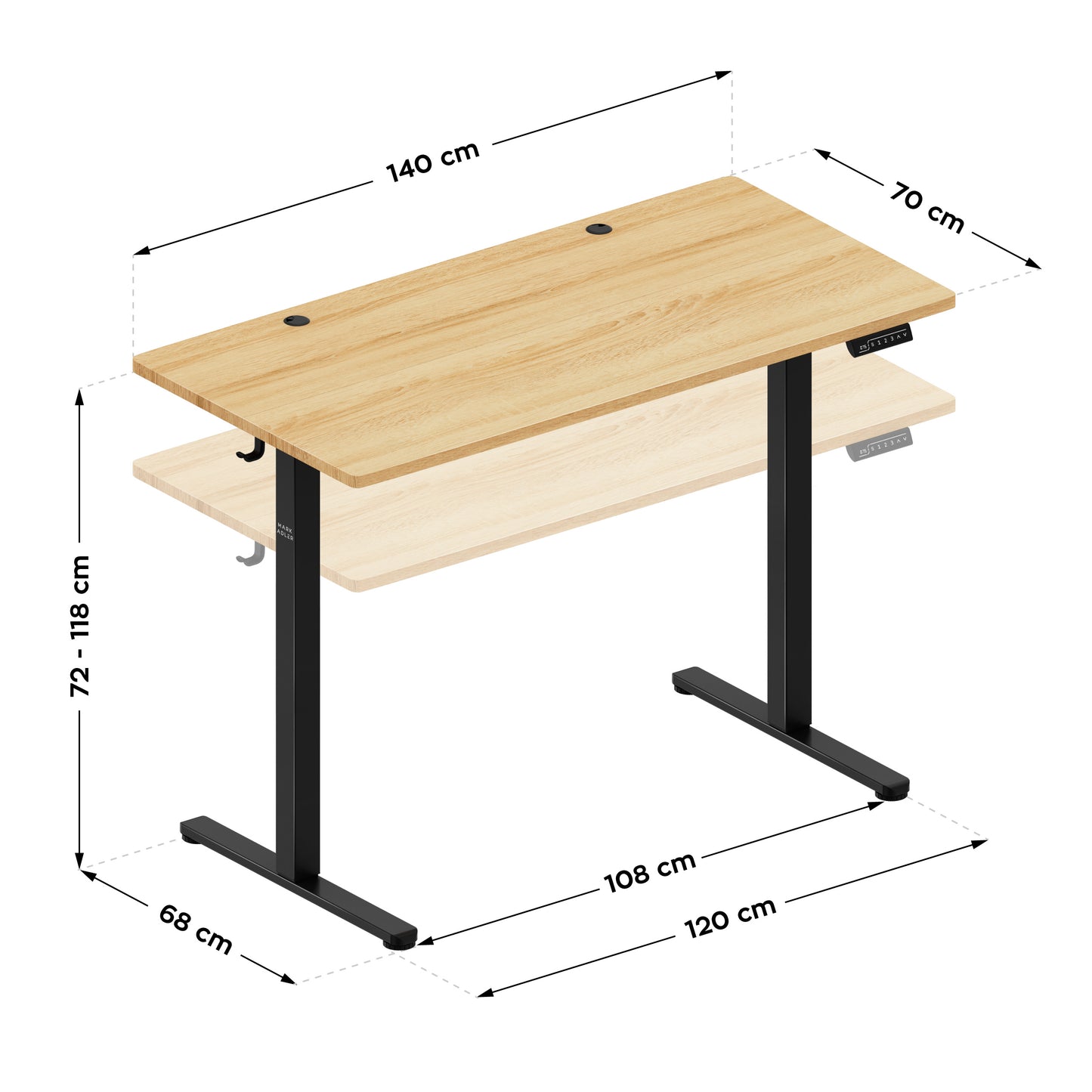 Mark Adler-Bureau-Leader 7.3-140x70 cm-Elektrisch verstelbaar-Zwart/hout