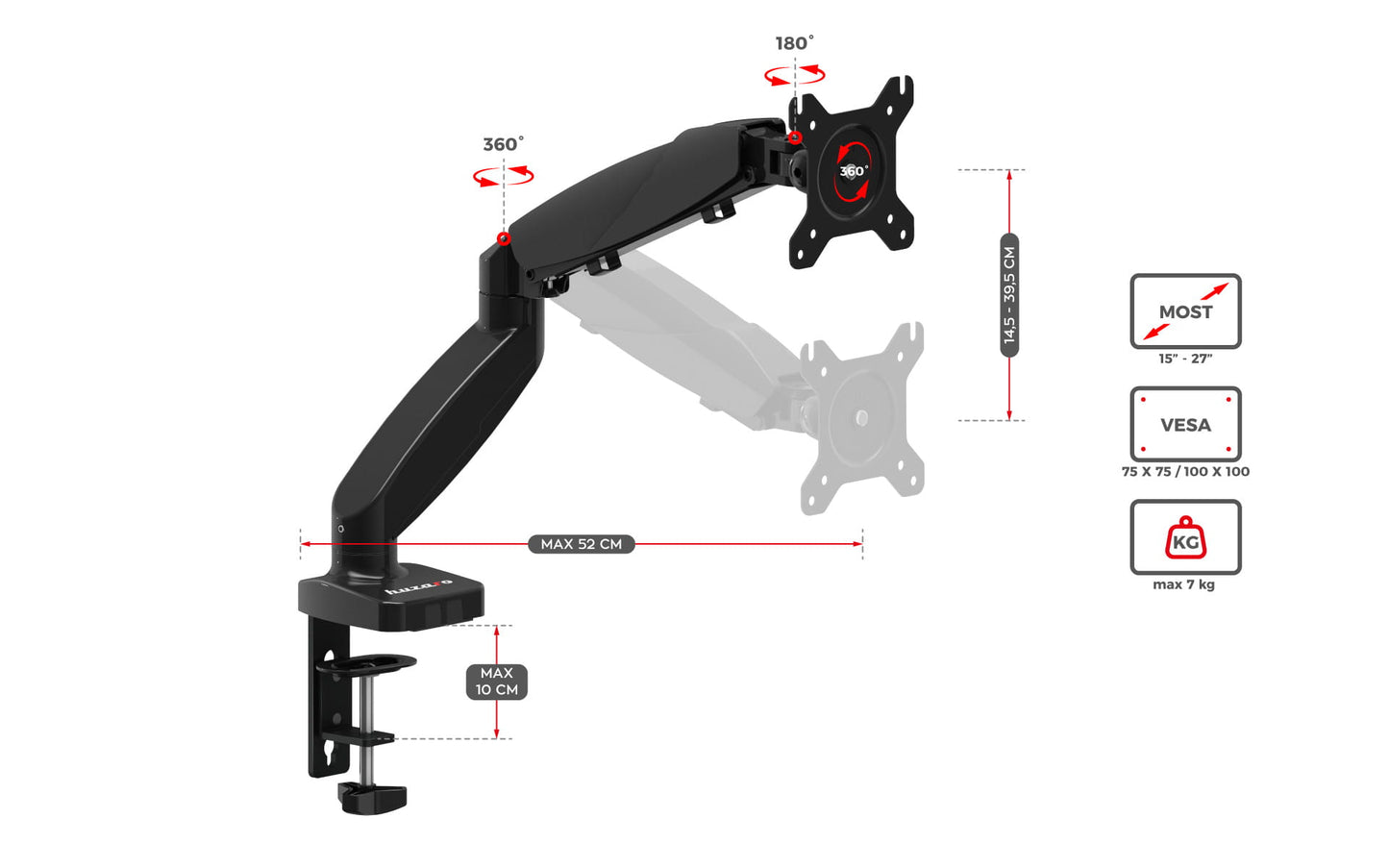 Huzaro Motion 1.2 Monitor Arm – For Screens from 15" to 27" – Gas Spring – VESA 75x75 &amp; 100x100 – Load Capacity up to 7 kg (only available online)